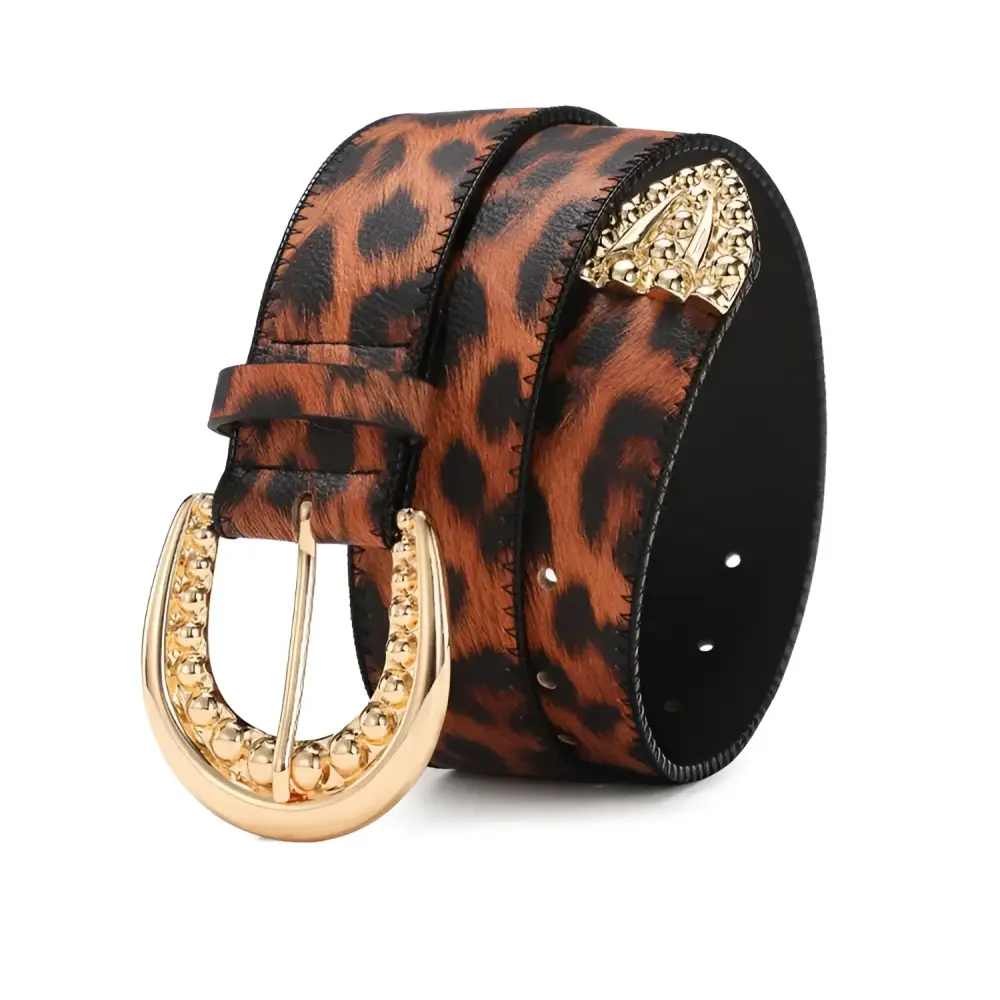 Leopard print belt with gold buckle, stylish accessory for fashionable outfits