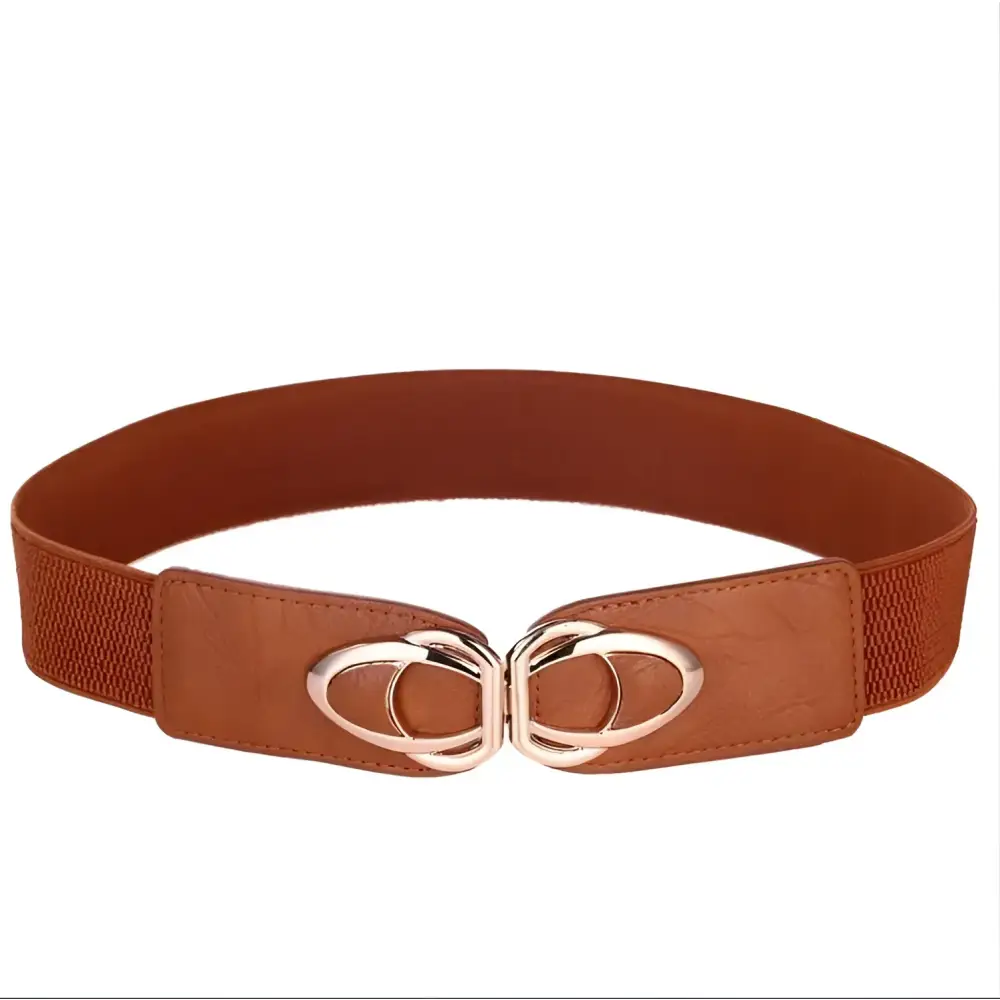 Brown elastic belt with silver buckle from the Joséfine Belt collection displayed with Leopard Print Shirt Dress