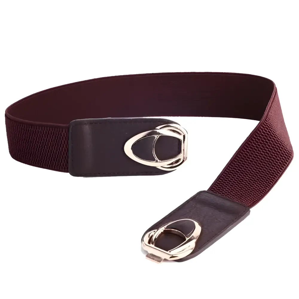 Maroon elastic belt with silver buckle featured in Leopard Print Shirt Dress with Joséfine Belt
