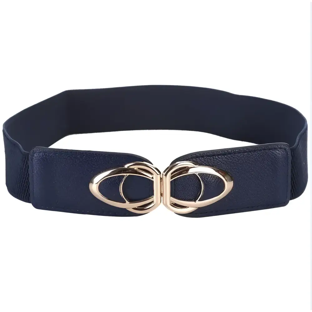 Navy blue elastic belt with gold oval buckle from the Joséfine Belt collection