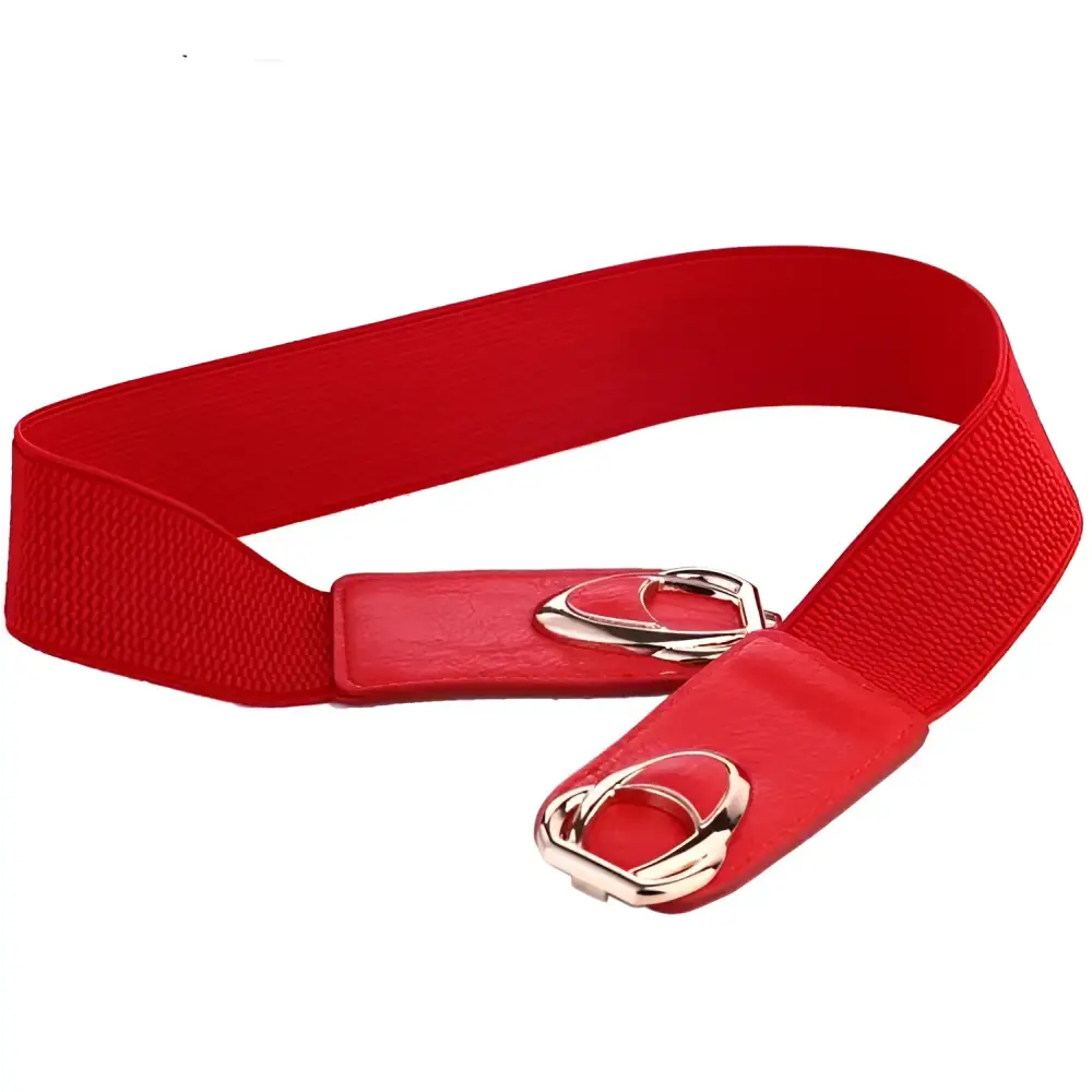 Red elastic belt with gold-colored buckle from Joséfine Belt, complementing Leopard Print Shirt Dress