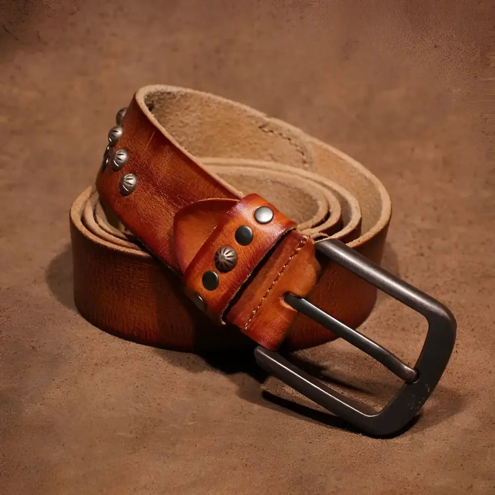 Lulia Model full-grain leather belt with metal studs and skull embellishments