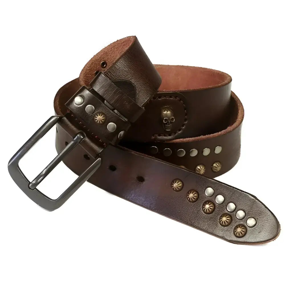 Lulia Model full-grain leather belt with bronze studs and skull embellishments
