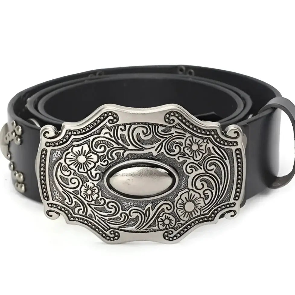 Black leather belt with ornate silver buckle from Macawi Belt collection