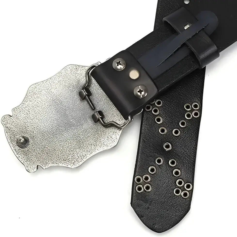 Macawi Belt with ornate silver buckle and studded black leather design