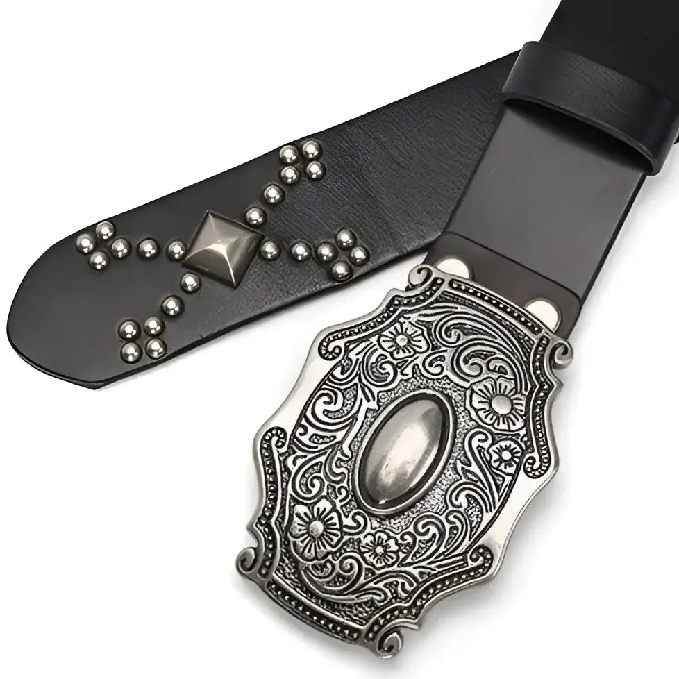 Macawi Belt with Ornate Silver Buckle and Studded Leather Design for sophisticated style