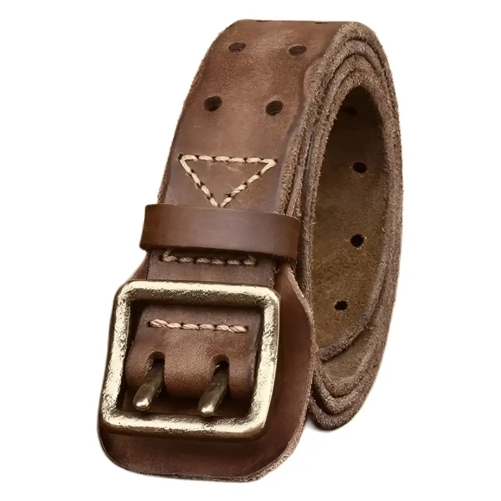 Marcnei leather belt with double-prong buckle for men and women showcasing brown leather craftsmanship