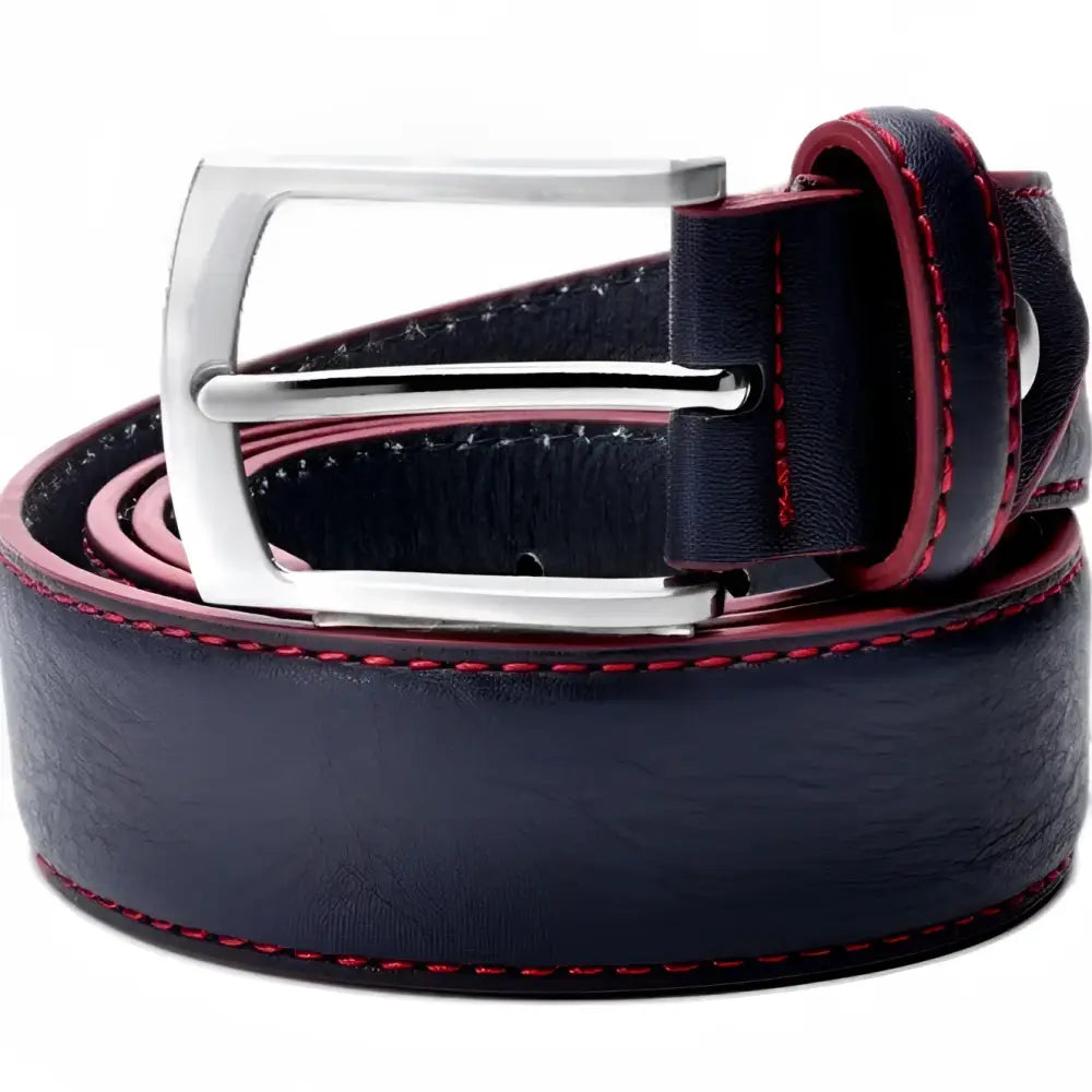 Rolled navy Memphis Men’s Leather Belt with silver buckle, red stitching, and yellow trim