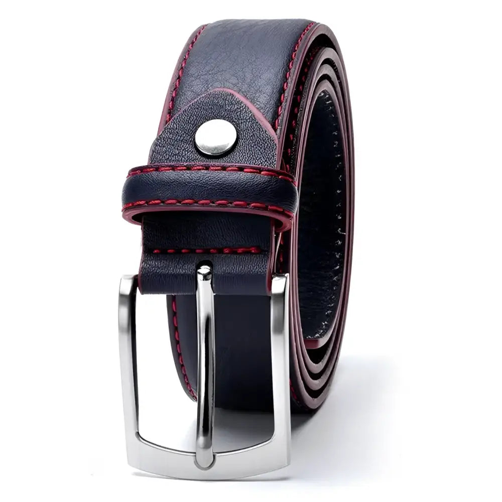 Memphis Men’s Leather Belt in Blue with Red Stitching and Yellow Trim
