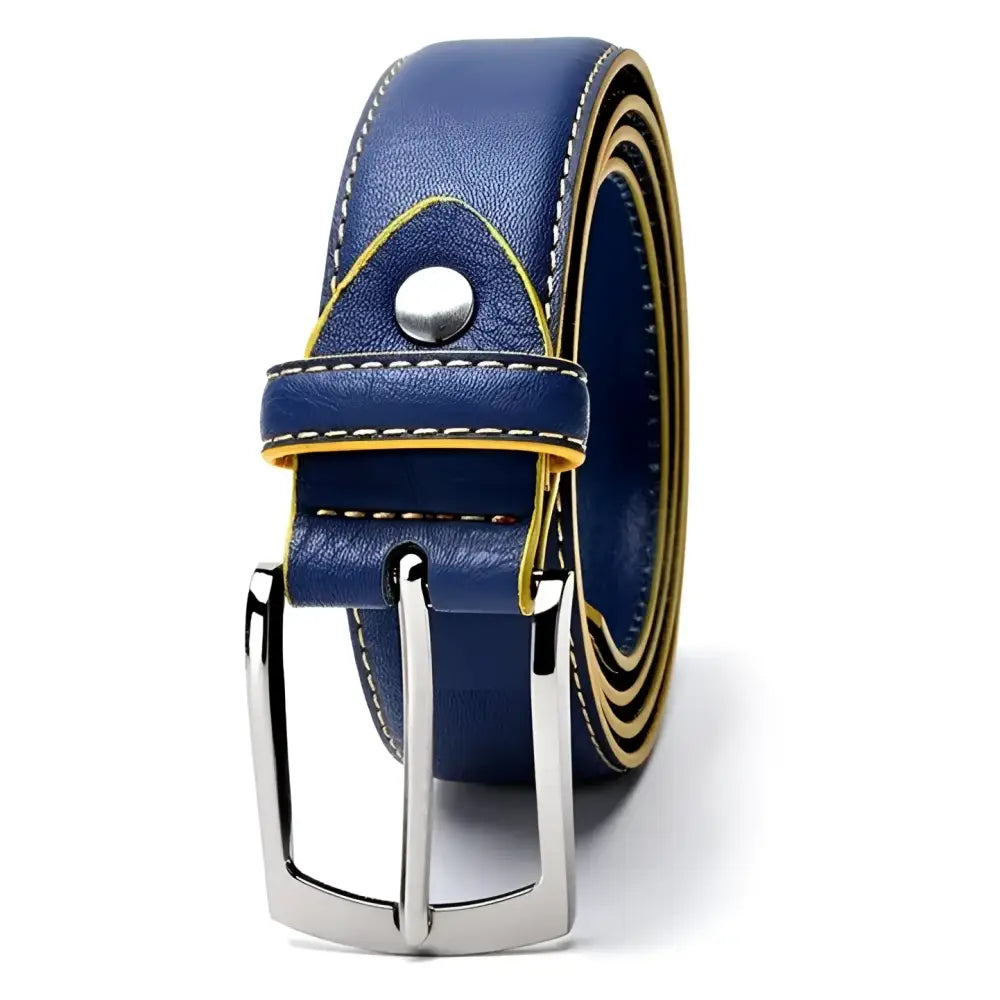 Blue Memphis Men’s Leather Belt with Silver Buckle, Red Stitching, and Yellow Trim