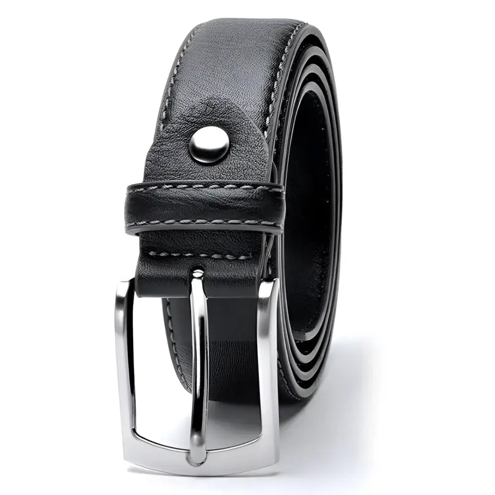 Black leather belt with silver buckle from Memphis Men’s Leather collection