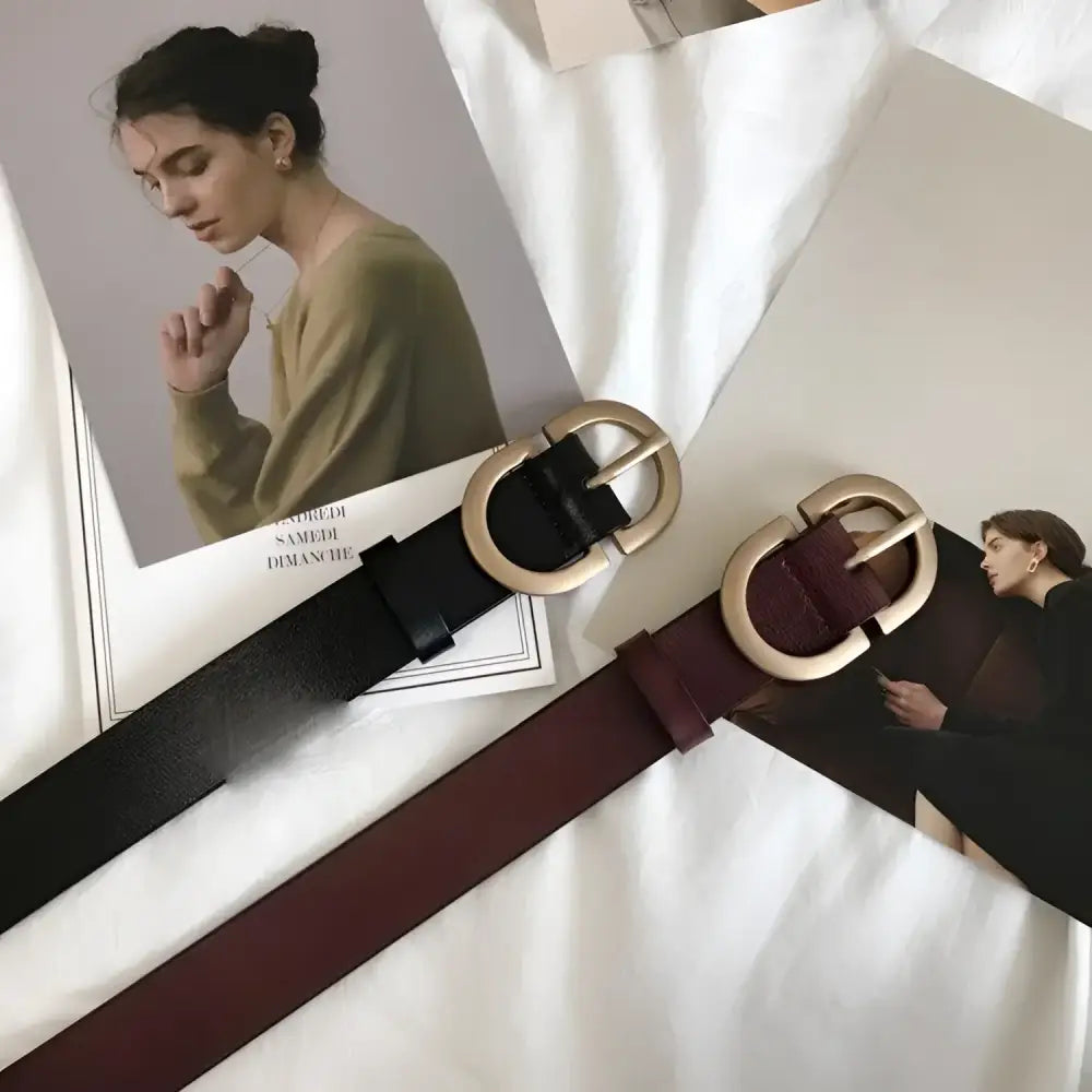 Menenba Belt Black Leather with Gold Buckle showcasing two elegant leather belts