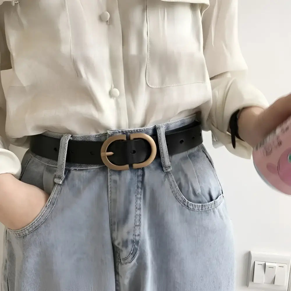 Menenba Belt Black Leather with Gold Buckle for Women’s Fashion