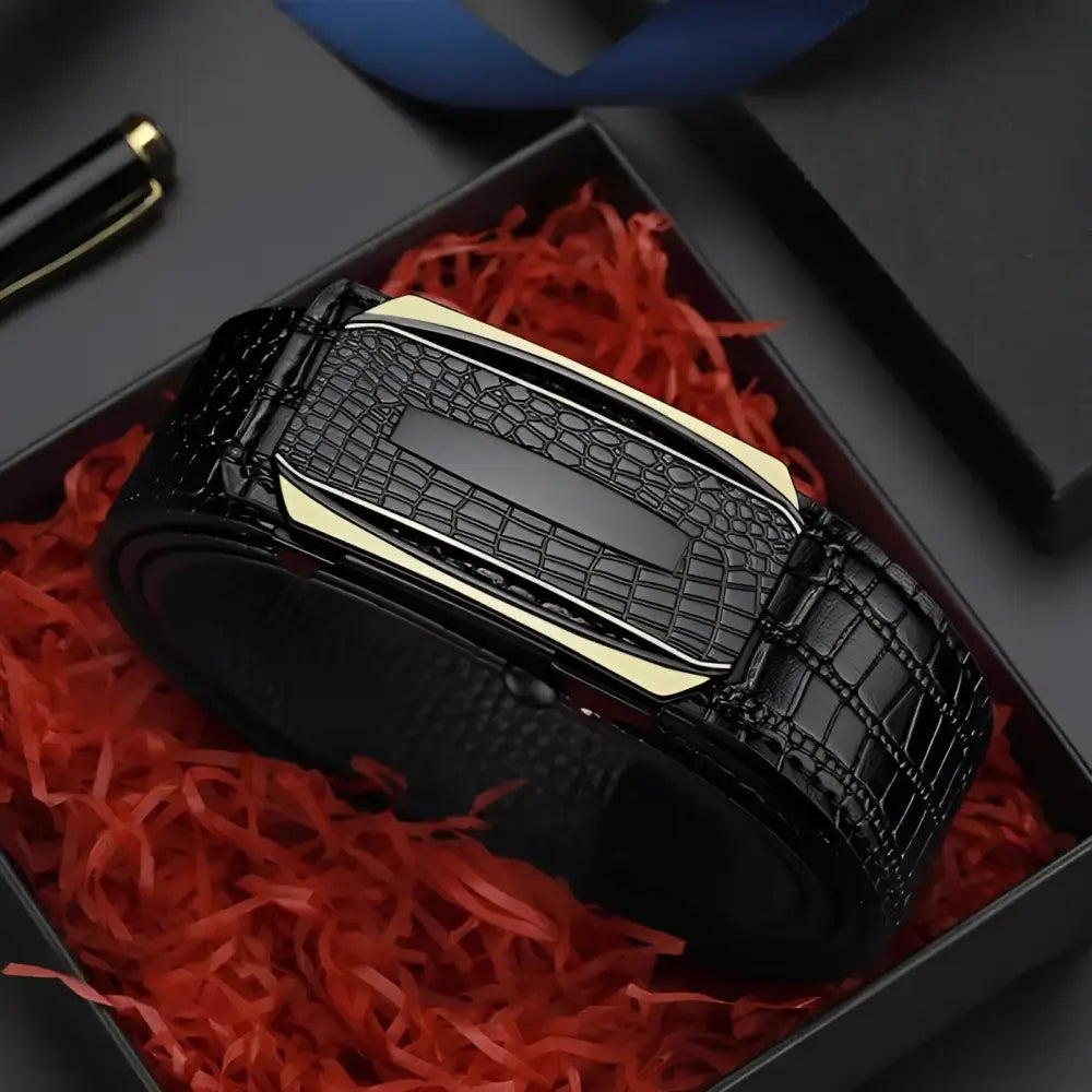 Black croc-patterned suit belt with gold-trimmed buckle for men’s crocodile suit wear