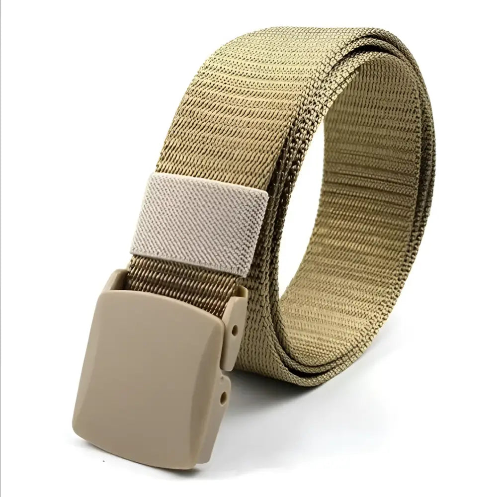 Khaki-colored nylon metal-free money belt with plastic buckle and hidden pocket