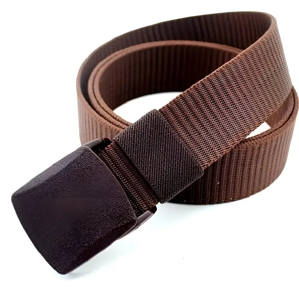 Brown woven metal-free money belt with plastic buckle and hidden pocket for security