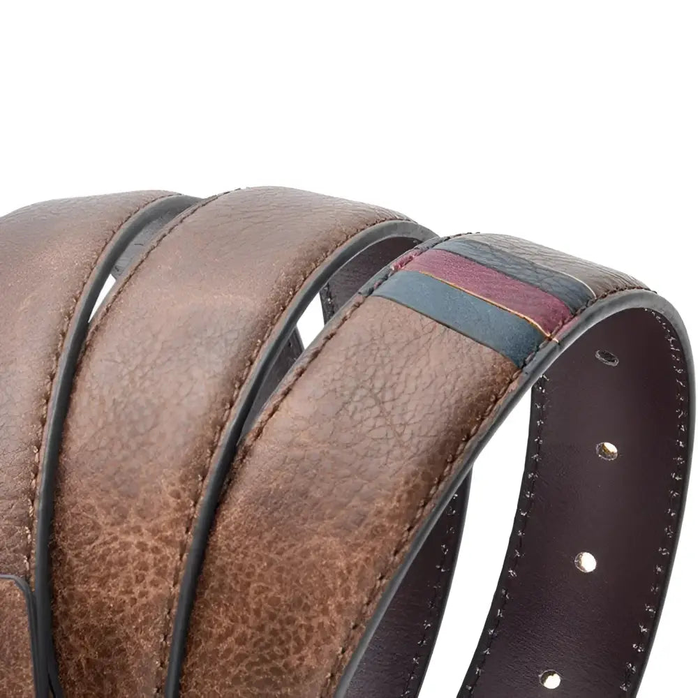 Mikheil belt with colored stripes and silver buckle in genuine brown leather