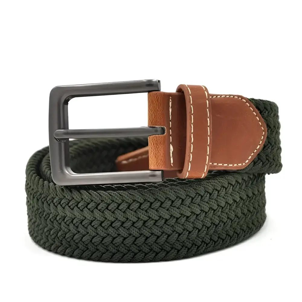 Braided green ceinture tressée élastique with brown leather accents and metal buckle for Men