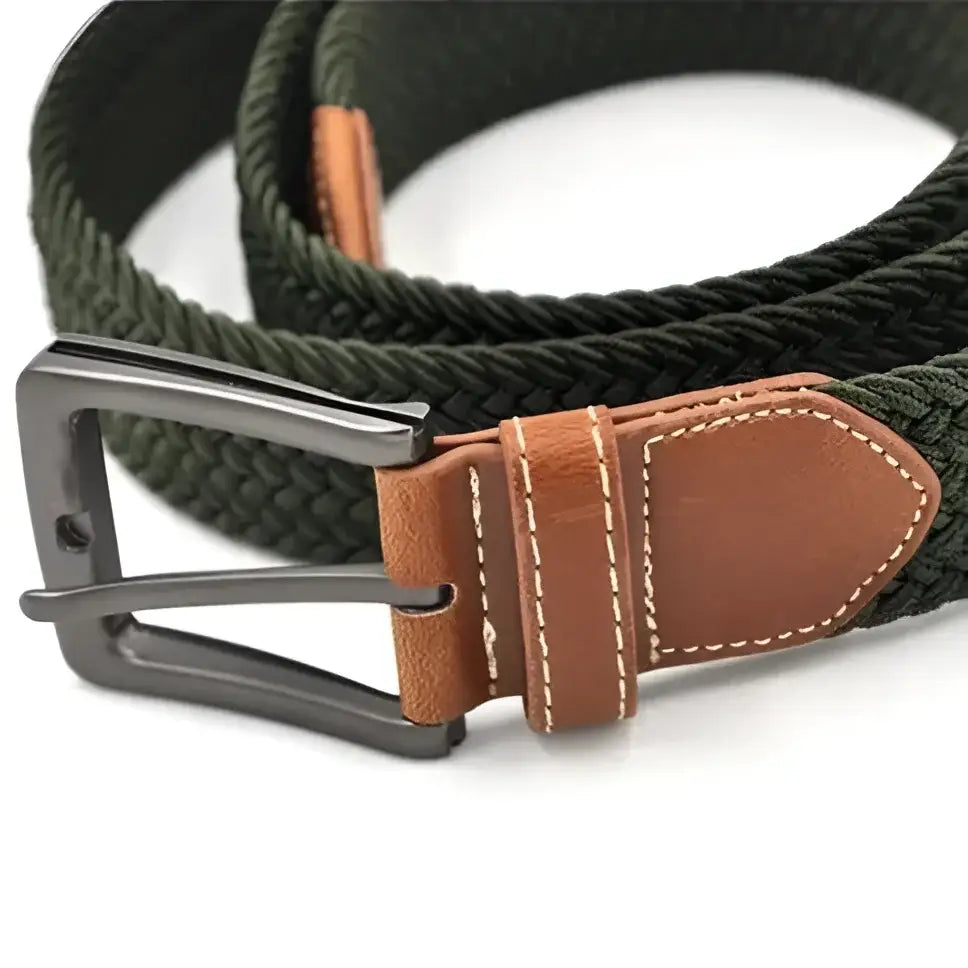 Braided green ceinture tressée élastique pour homme with brown leather accents and dark metal buckle