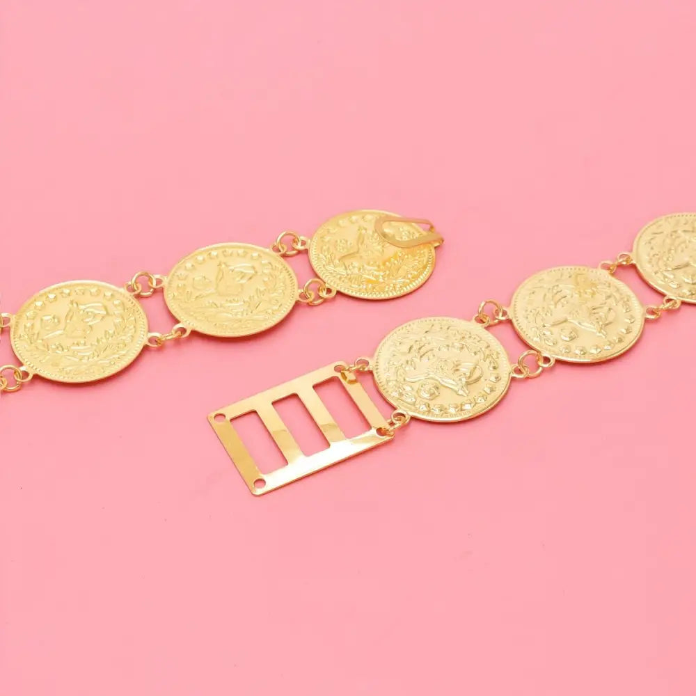 Moroccan belt featuring gold coin buckle and dangles for elegant traditional style