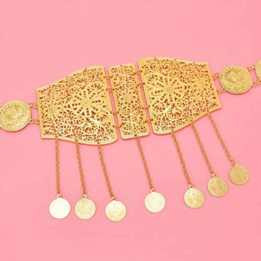 Ornate gold coin belt showcasing Moroccan belt design with intricate filigree and dangles
