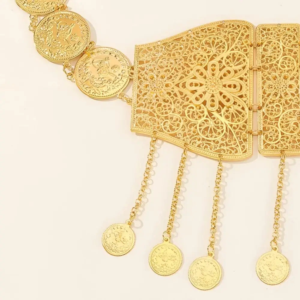 Ornate Moroccan gold belt with coin dangles featuring intricate filigree design