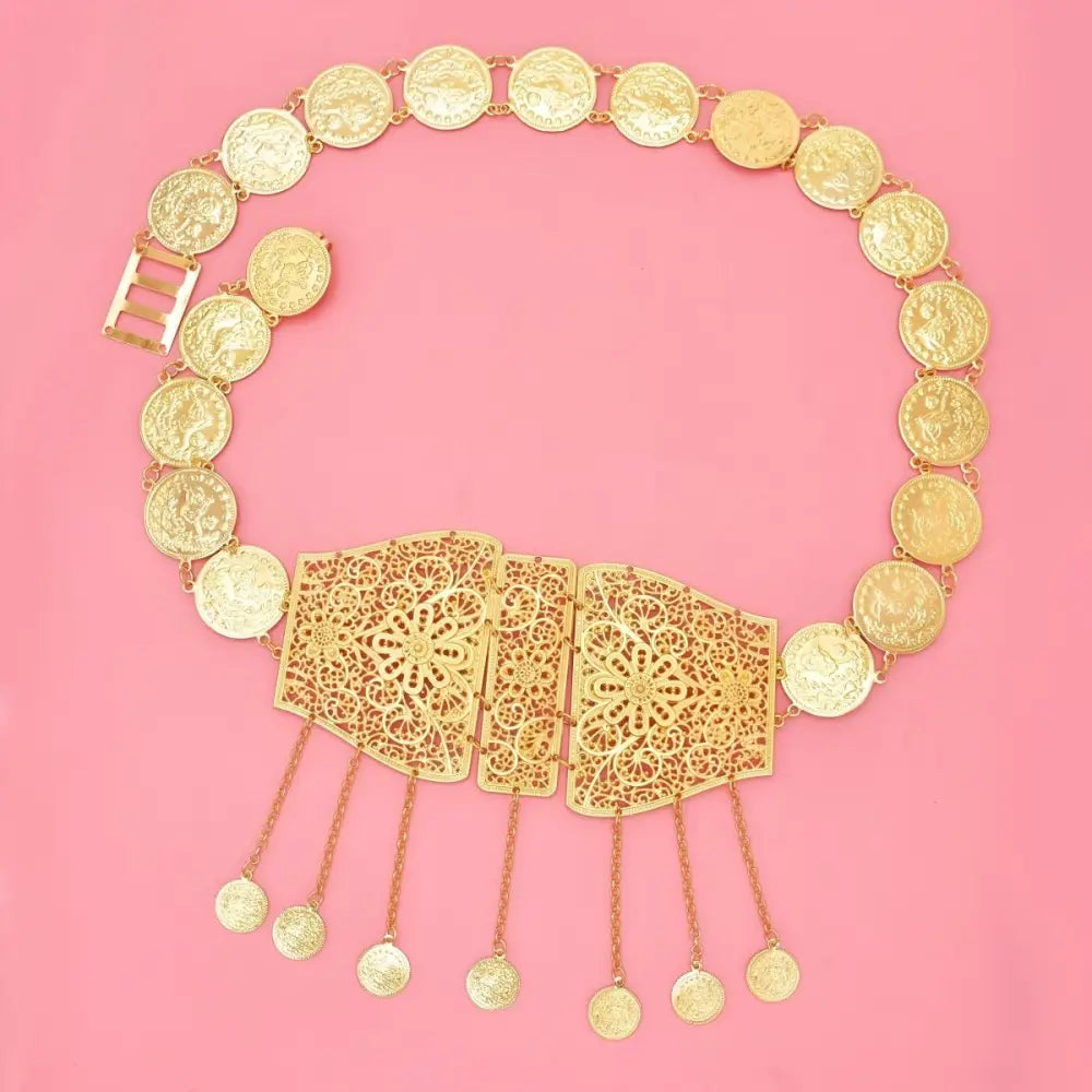 Elegant Moroccan belt featuring gold coin dangles and intricate filigree design
