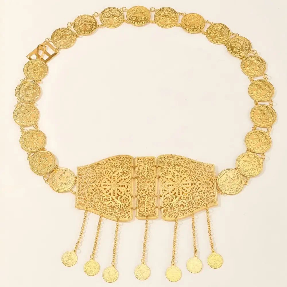 Moroccan gold belt with filigree buckle and dangling coin embellishments