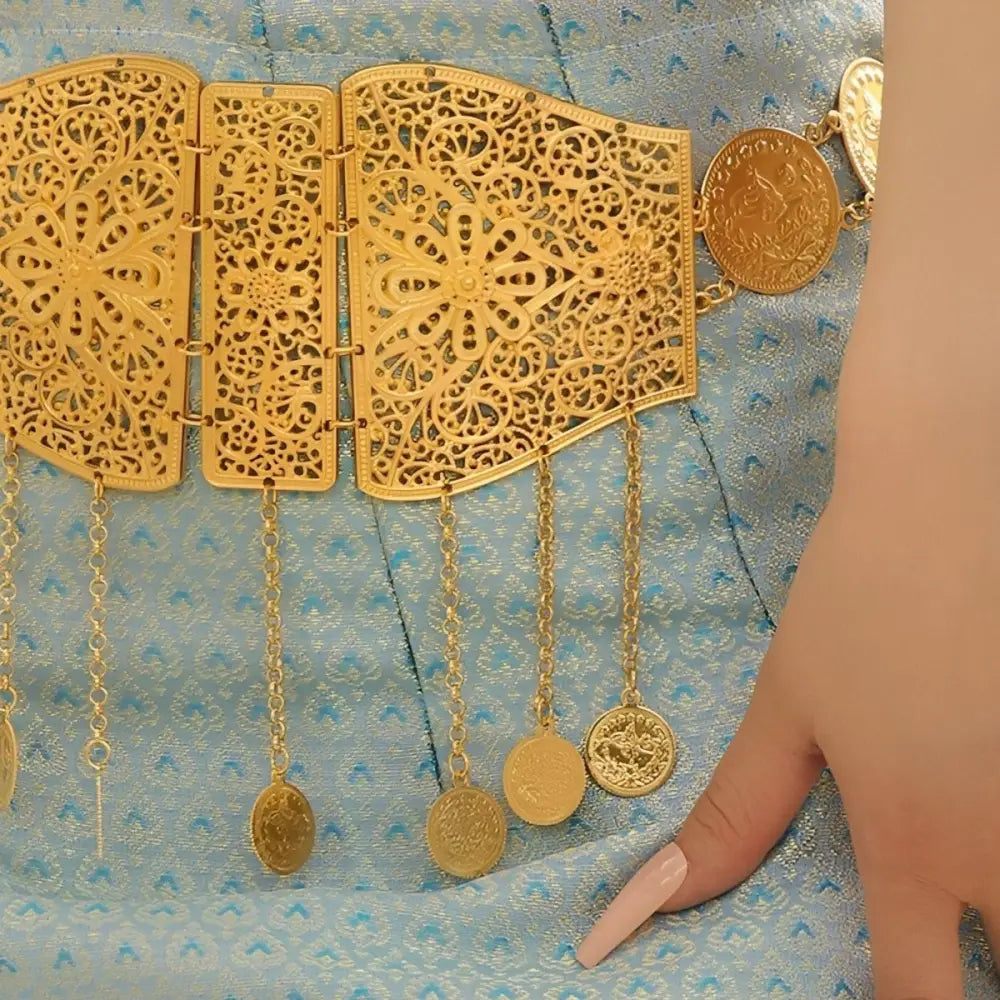 Ornate Moroccan belt with gold filigree and coin dangles for traditional attire