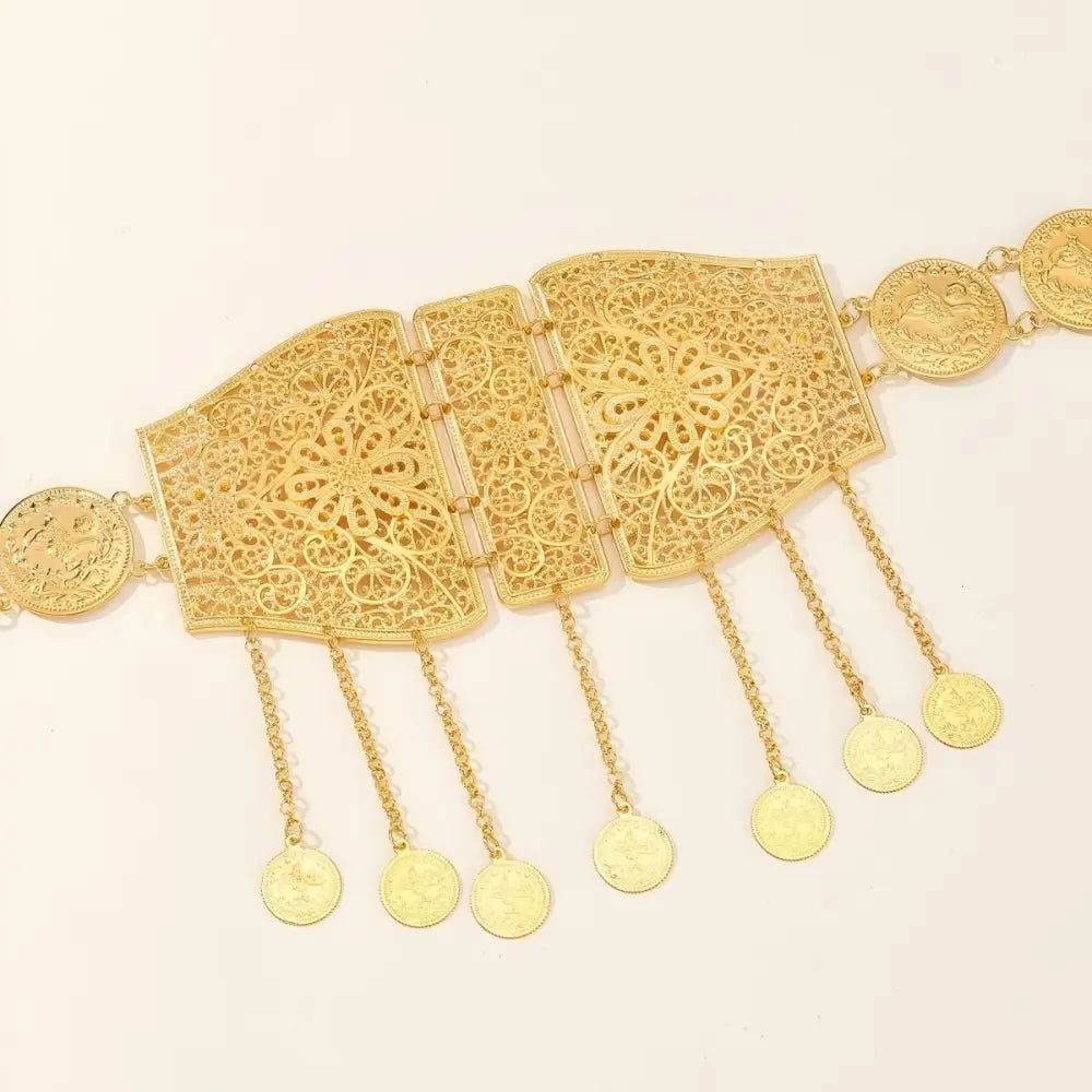 Elegant Moroccan belt with gold-toned filigree and coin dangle accents