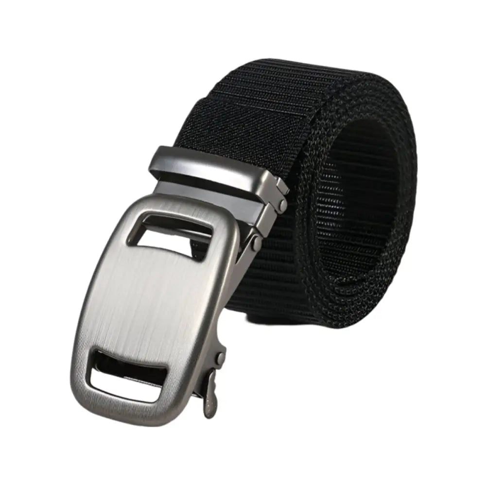 Black nylon belt with silver buckle featuring an automatic buckle for Navy Pleated Shorts