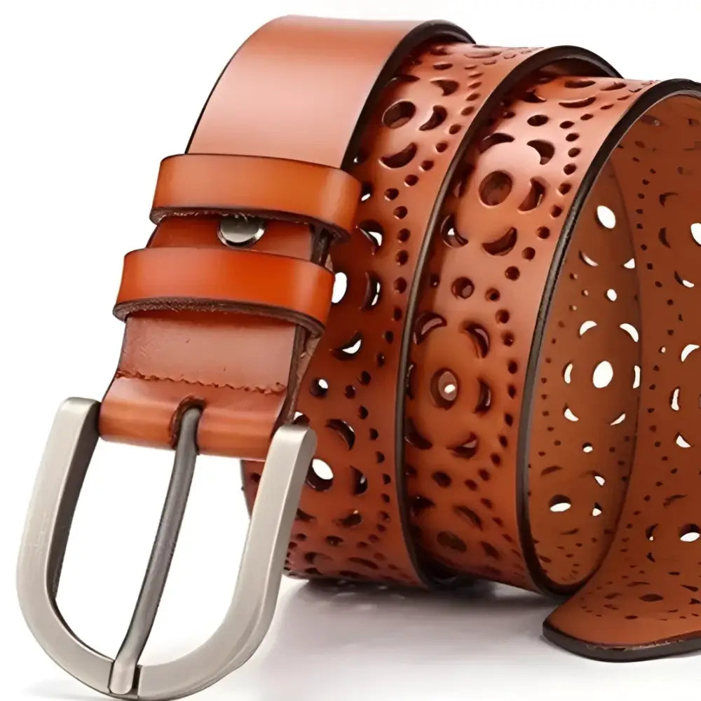 Brown leather belt with decorative cutouts showcasing Eteri leather in Olive Green Blazer and Shorts Outfit