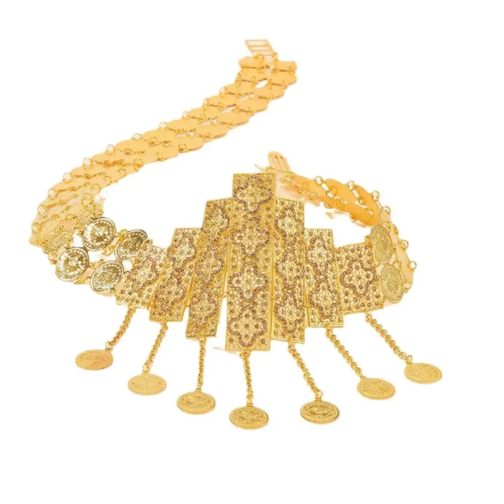 Ornate gold coin belt displayed for elegant accessorizing in a luxurious product image