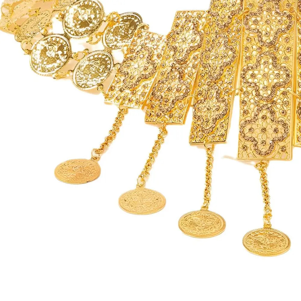 Ornate gold-colored belt with dangling coin charms designed for elegant accessorizing