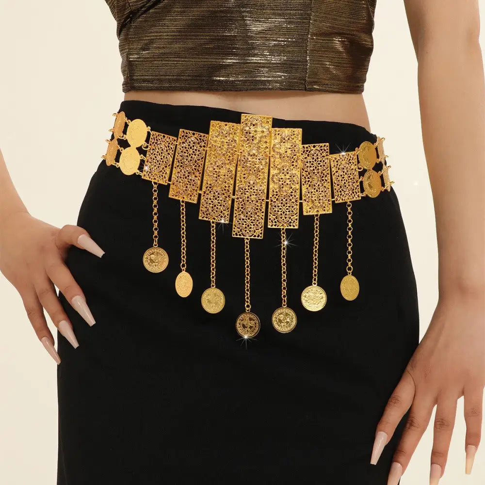 Ornate gold coin belt displayed in the Elegant Accessorizing product image