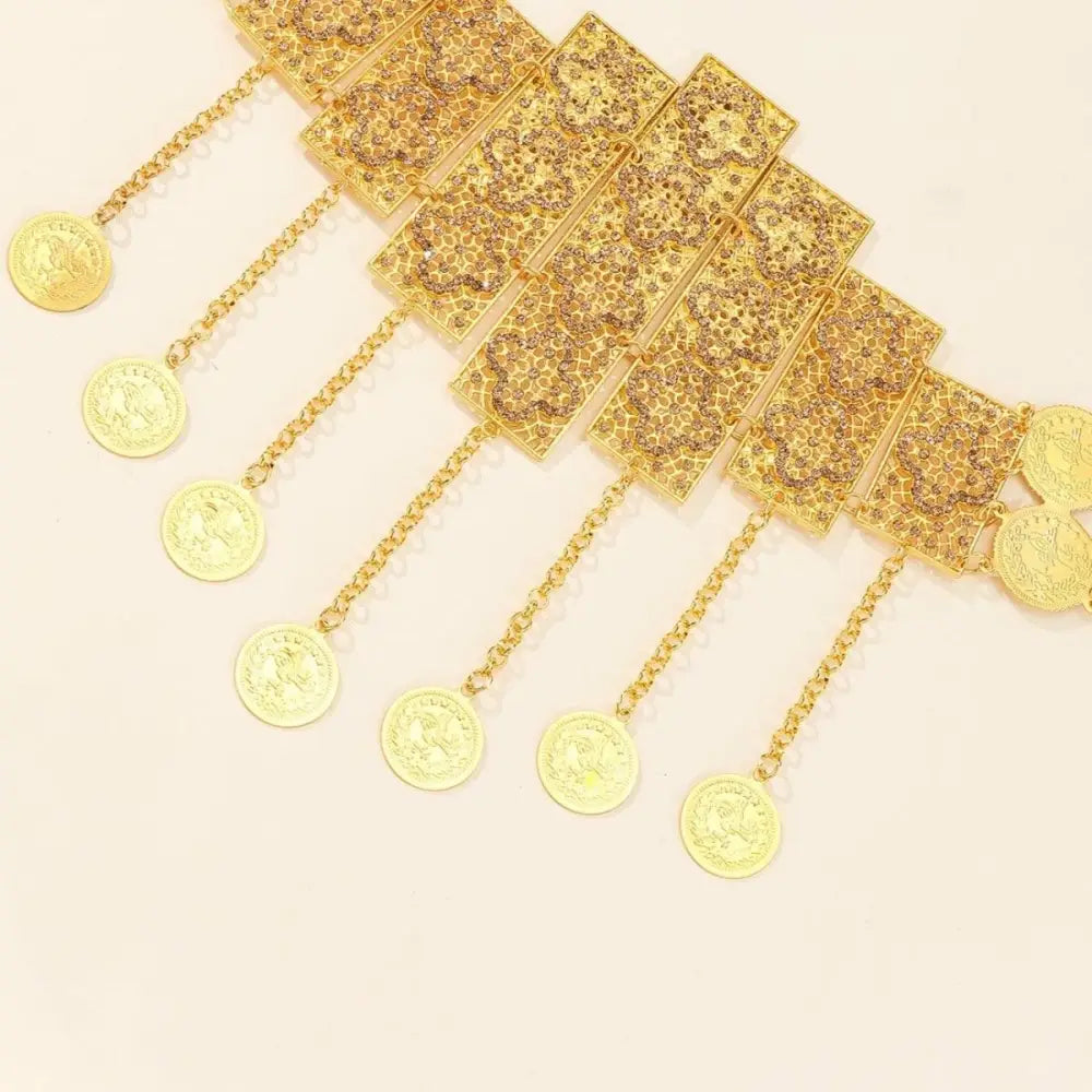 Ornate gold coin belt designed for elegant accessorizing and sophisticated style