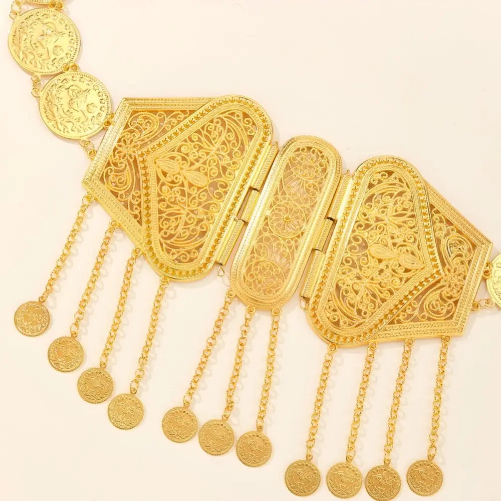 Ornate gold coin belt with decorative dangles, handcrafted jewelry accessory