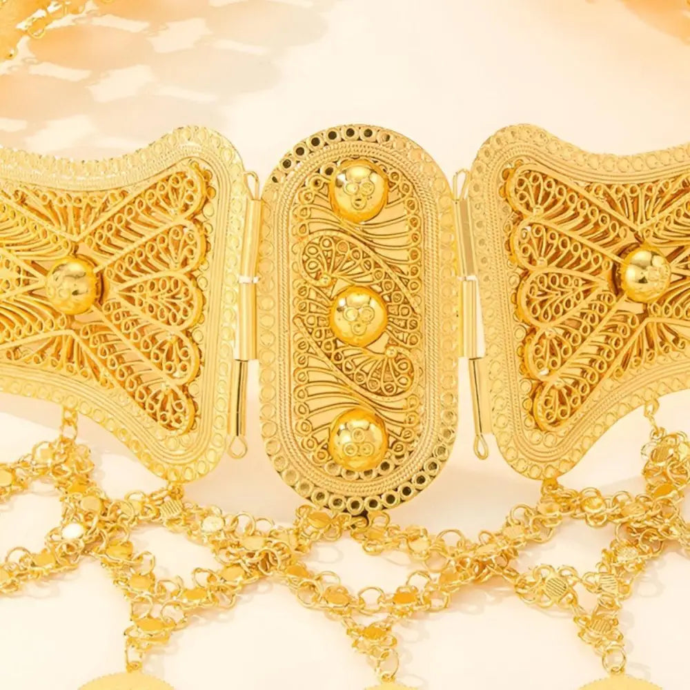 Ornate gold-toned metal belt with dangling coins from Ornate Gold Coin Belt collection