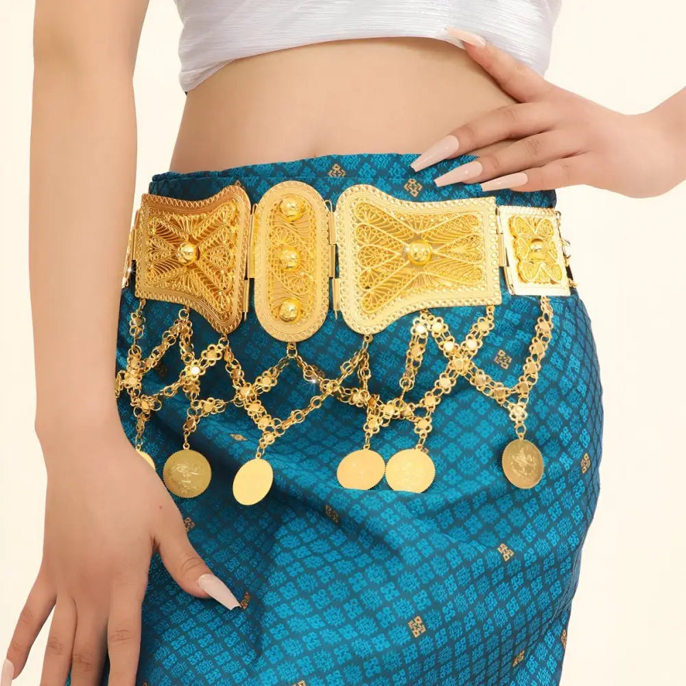 Ornate gold belt featuring dangling coins, showcased in Ornate Gold Coin Belt with Dangling Coins
