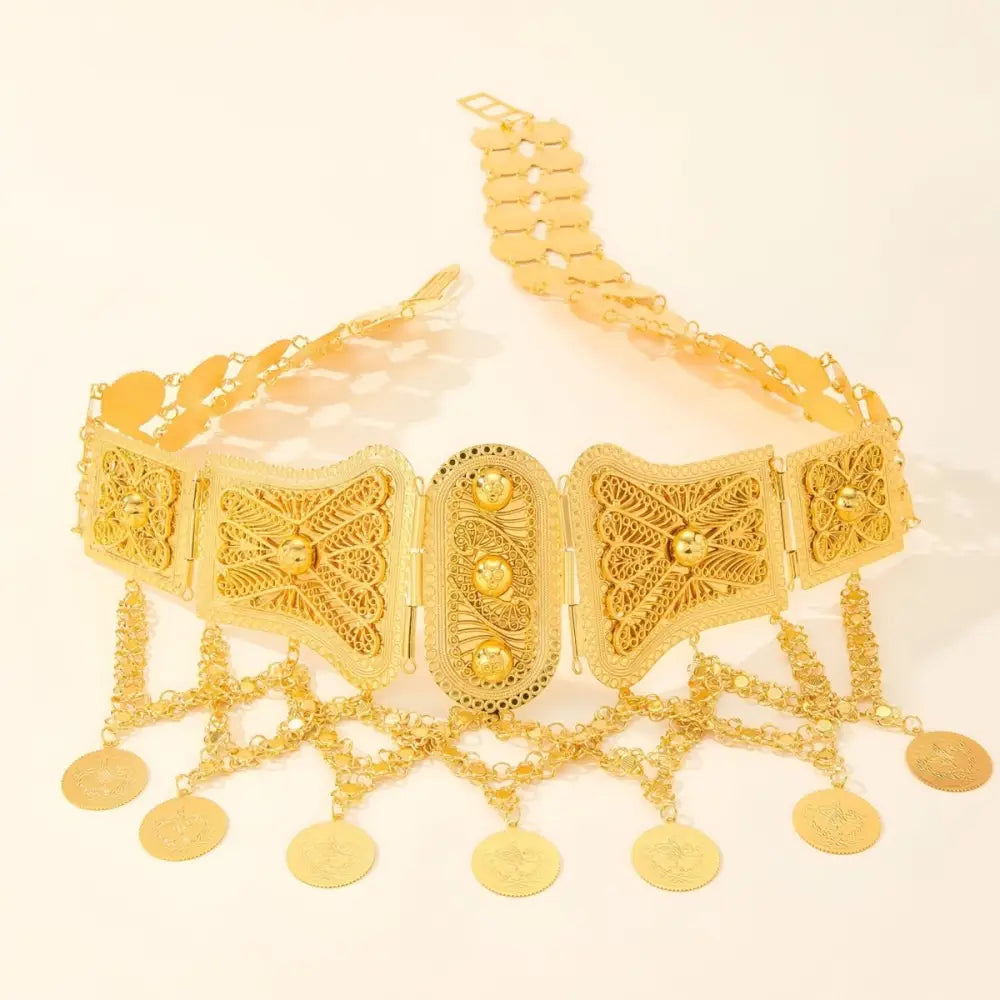 Ornate gold coin belt with dangling coins displayed in a product listing