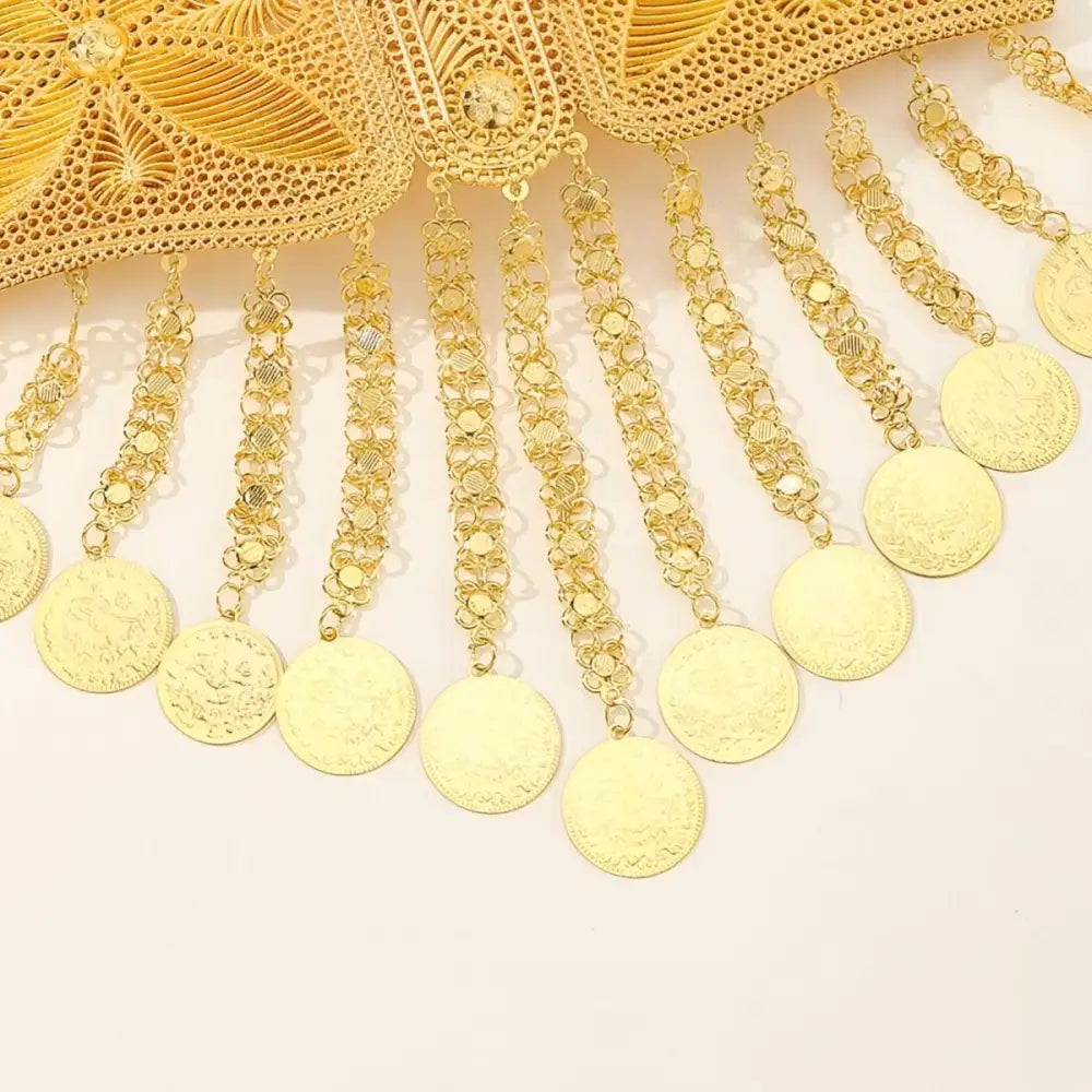 Gold-toned coin-embellished Moroccan belt with intricate filigree detailing