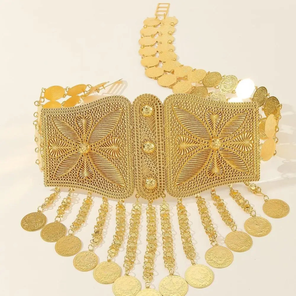 Ornate gold coin Moroccan belt with filigree detailing for elegant traditional wear