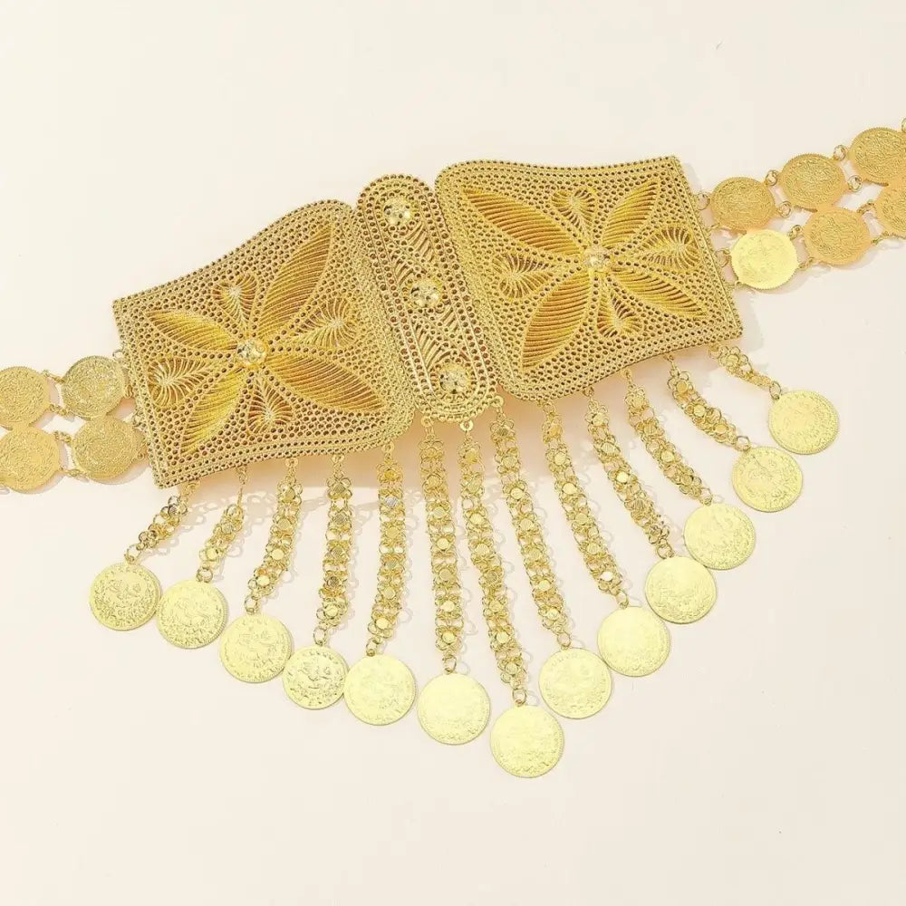 Elegant ornate gold coin Moroccan belt with intricate filigree detailing