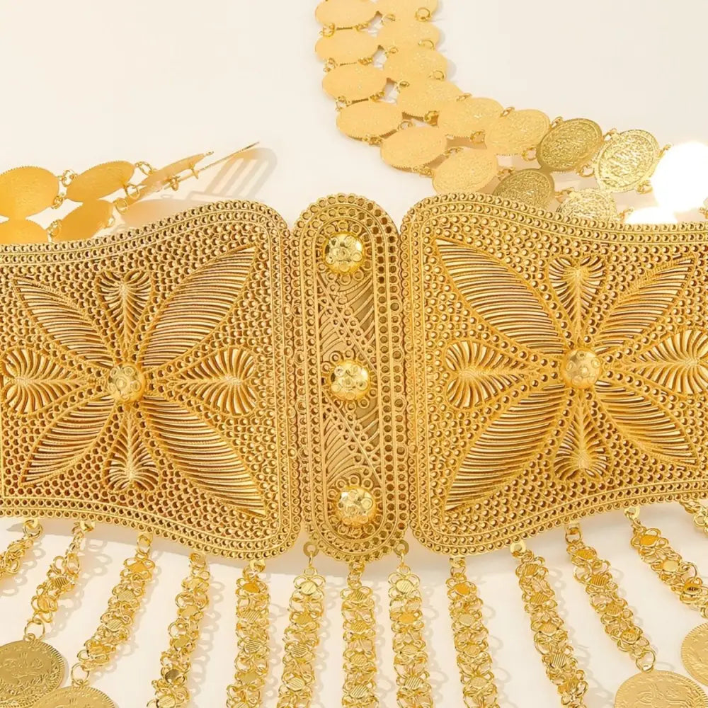 Ornate gold coin Moroccan belt with intricate filigree detailing for elegant accessories