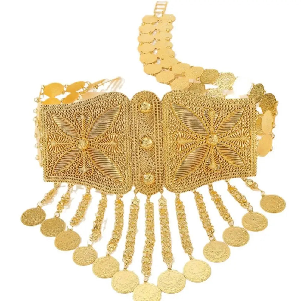 Ornate gold coin Moroccan belt with detailed filigree craftsmanship for elegant accessories