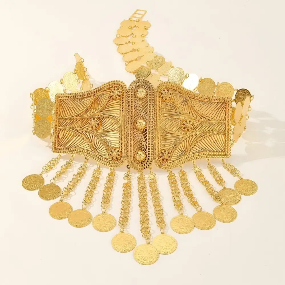 Ornate gold coin belt featuring blue fabric from the Moroccan belt collection for belly dance