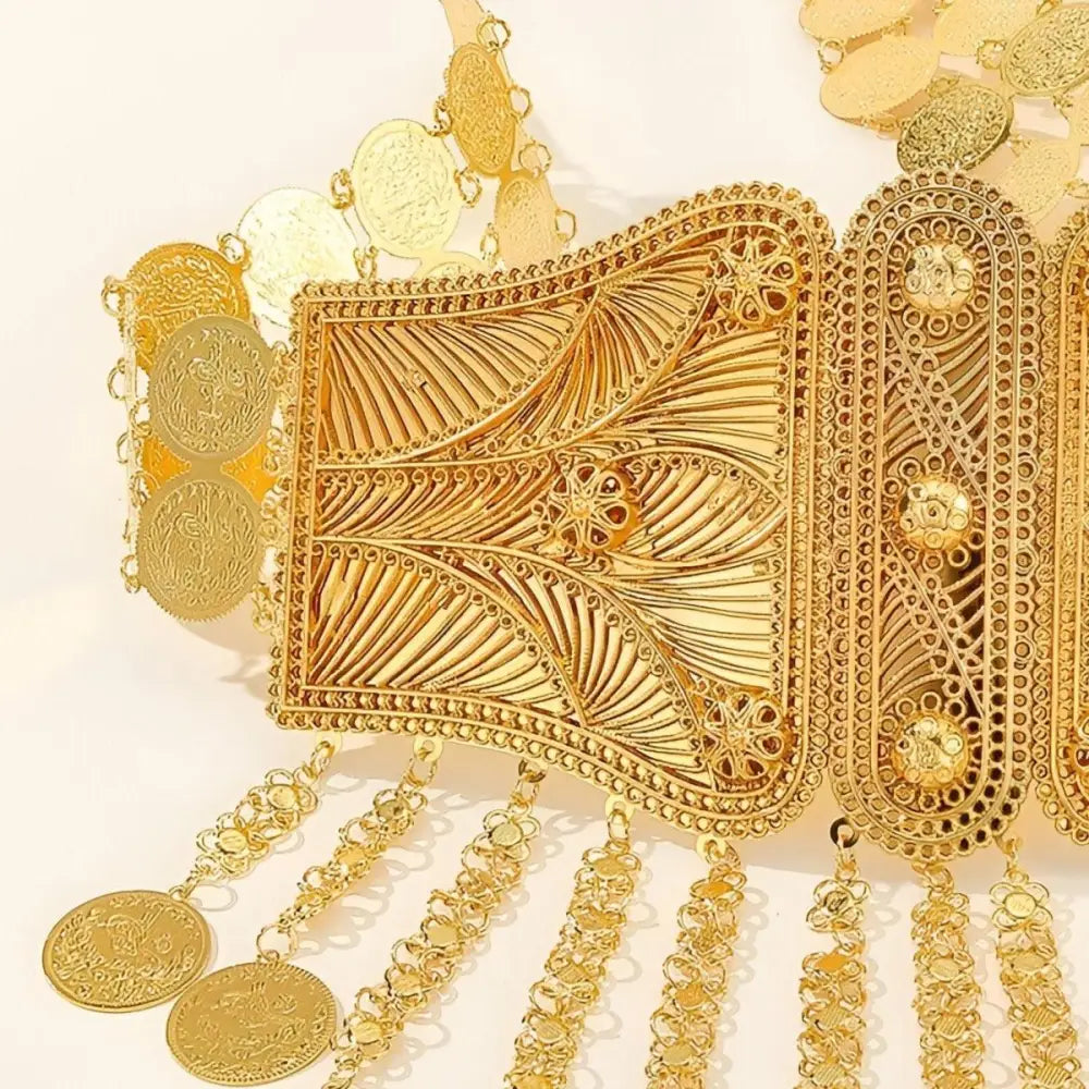 Ornate gold-toned coin necklace featuring a Moroccan belt with blue fabric decoration