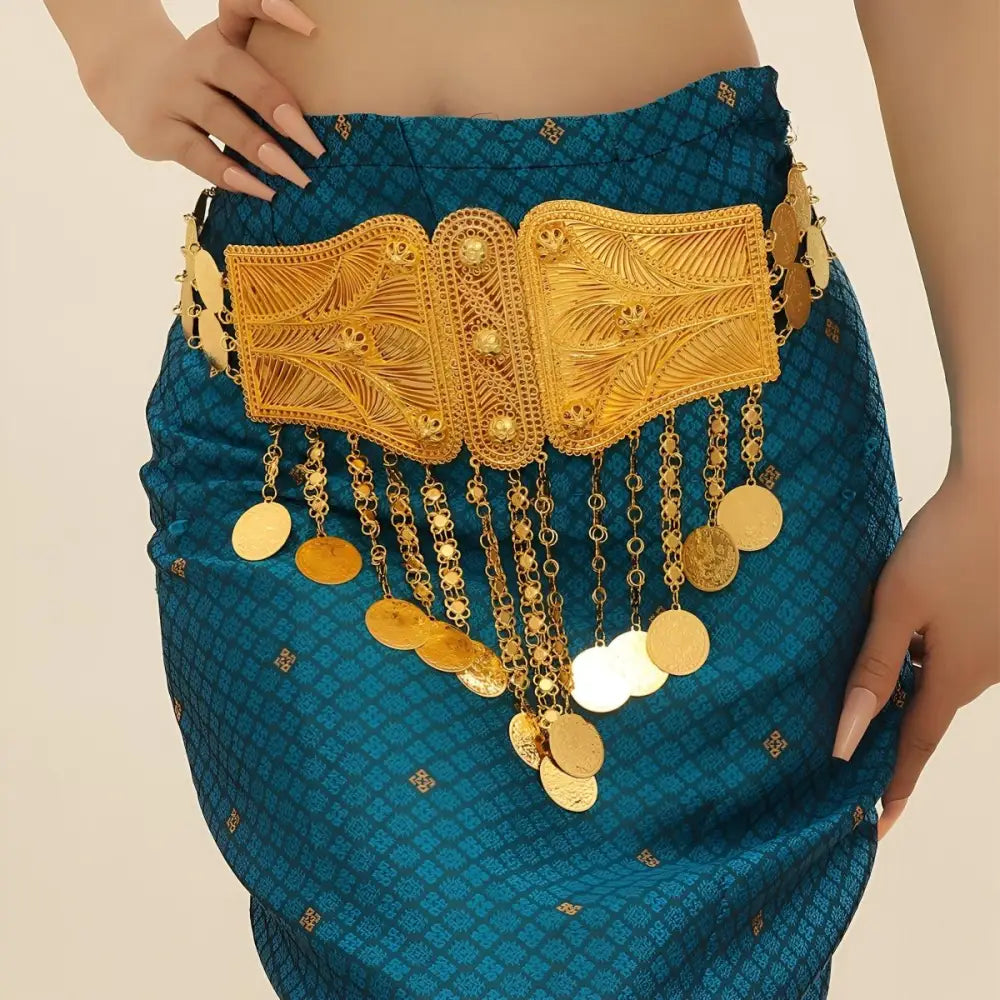 Ornate gold Moroccan belly dance belt with blue fabric for authentic dance performances