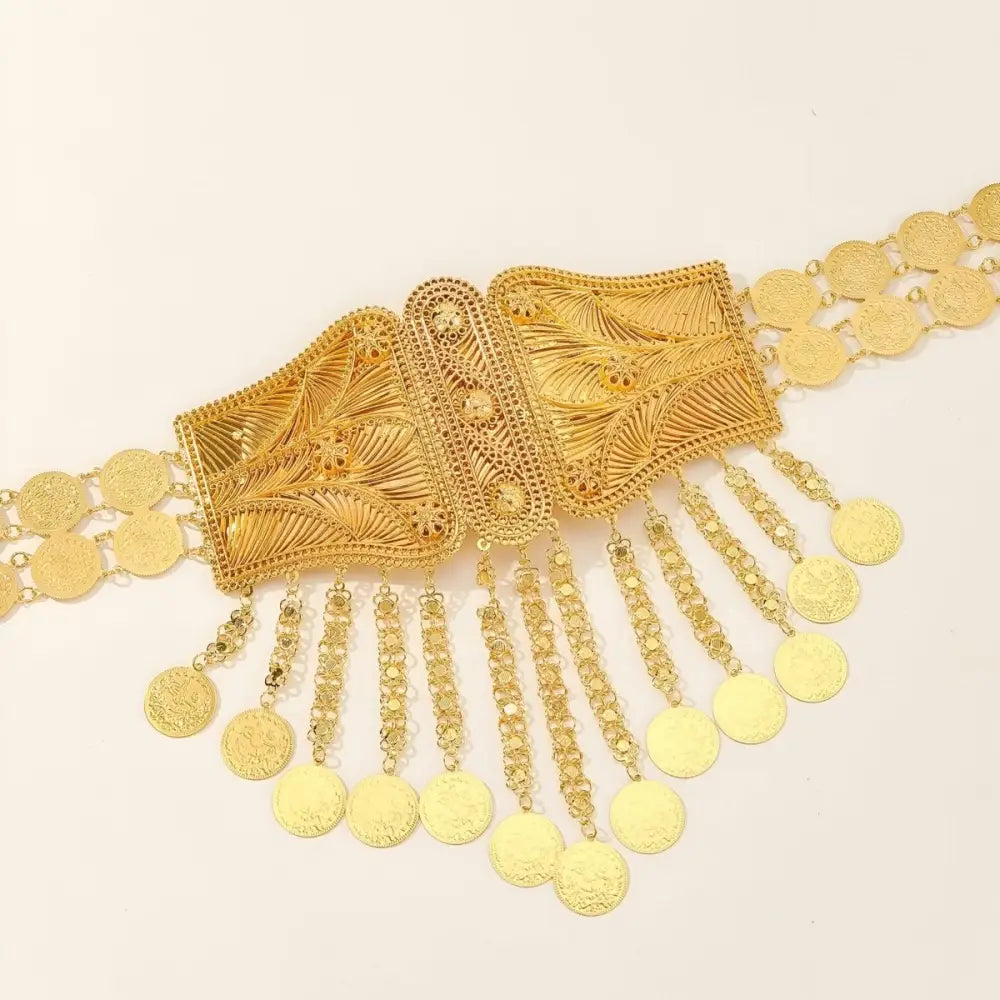Ornate gold coin belt with blue fabric, a luxurious Moroccan belly dance belt