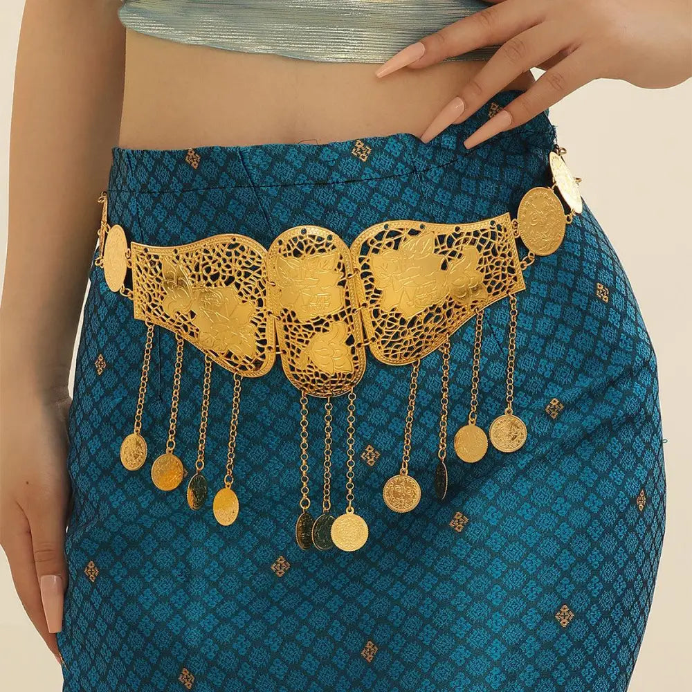 Ornate Haniya Belt with Gold Coins and Filigree Detailing showcasing a gold filigree coin belt
